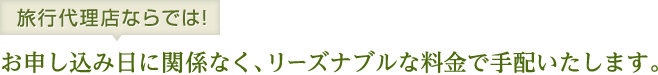旅行代理店ならでは!お申し込み日に関係なく、リーズナブルな料金で手配いたします。